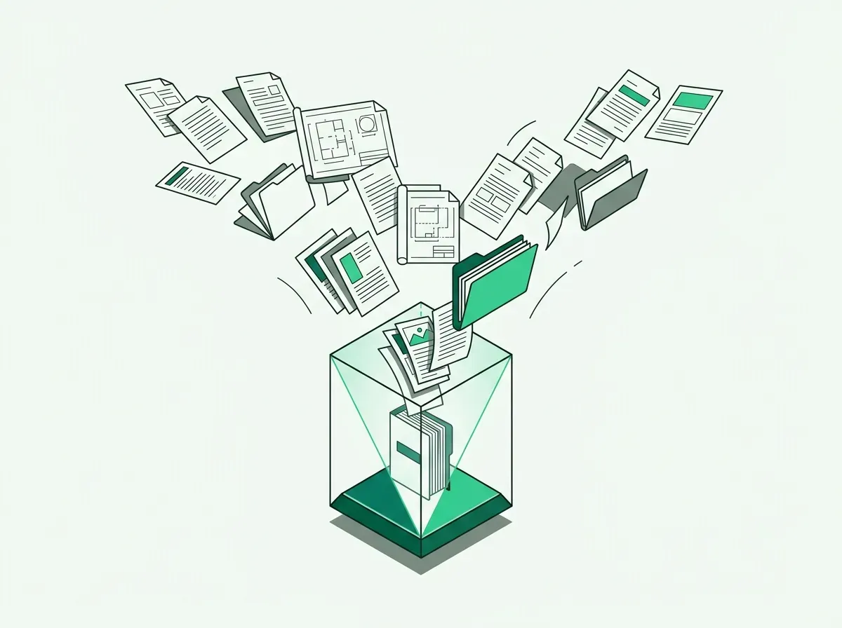 Minimalist line art of multiple technical documents funneling into a streamlined, structured briefing dossier.