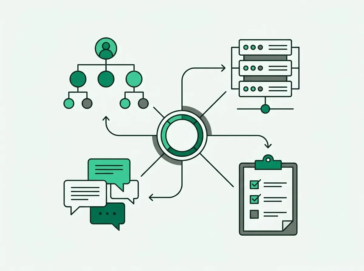 Line illustration showing four interconnected research workflows branching out from a central focal point.