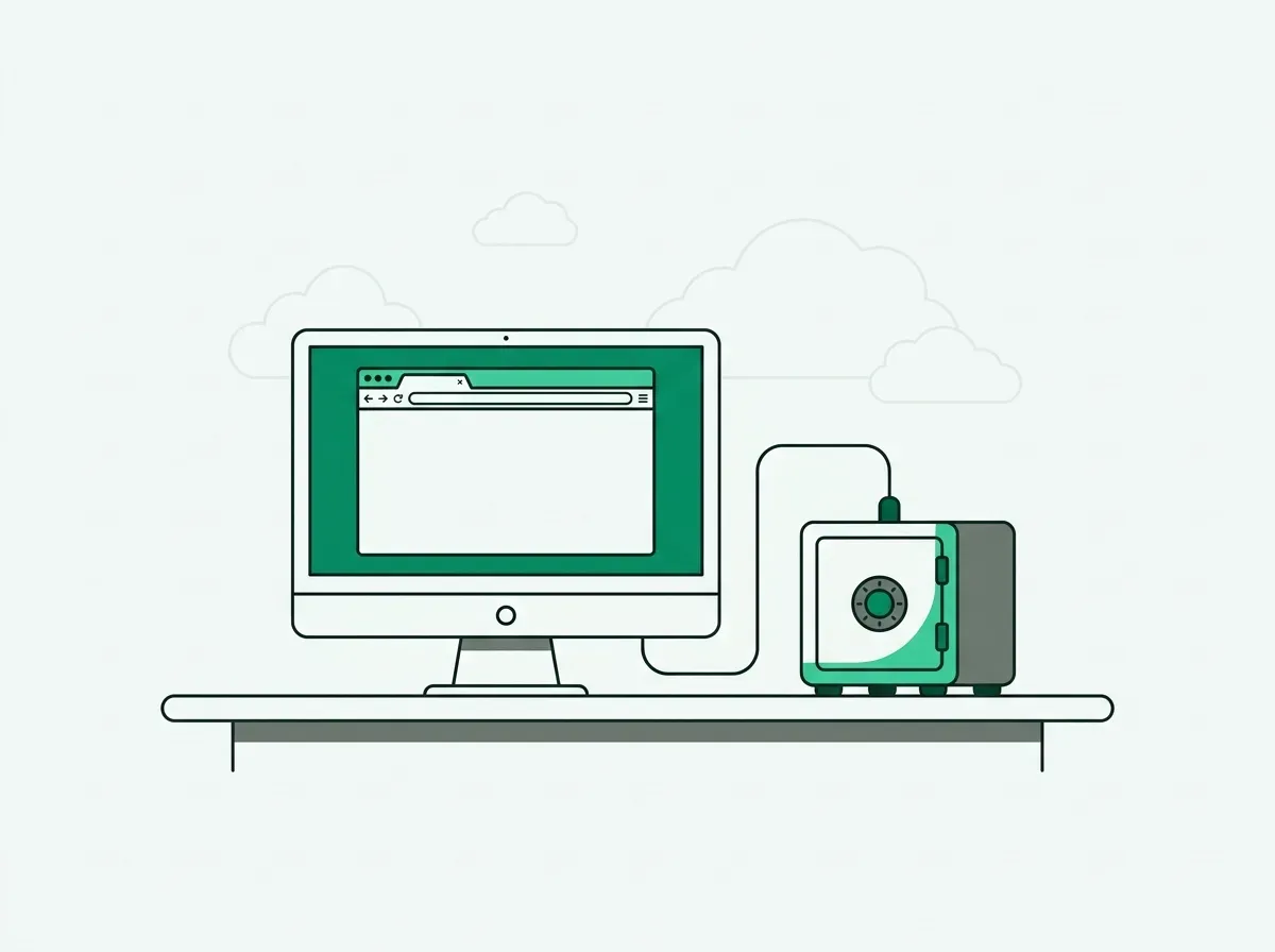 Minimalist line drawing of a desktop computer executing live browser research directly to local storage.