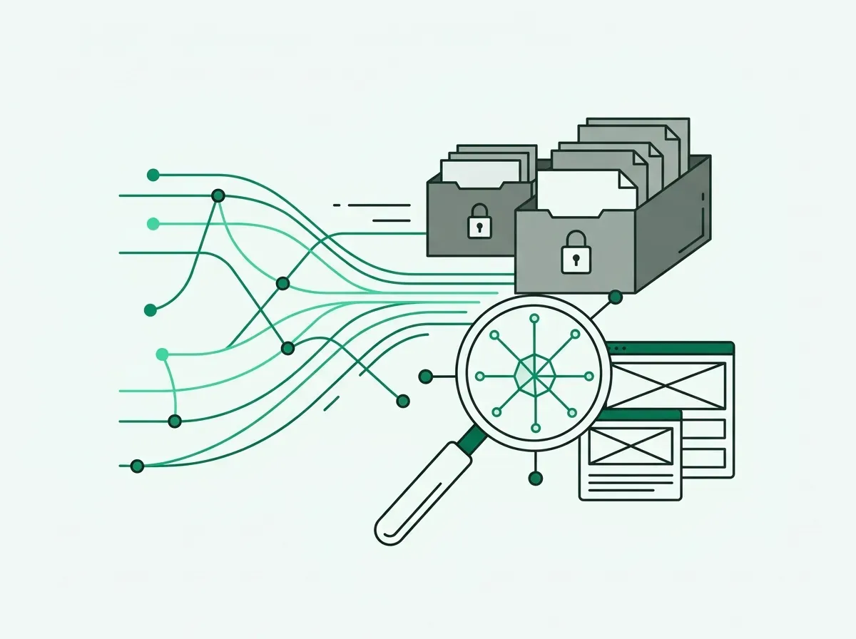 Minimalist line art illustration comparing live web network discovery against static data storage boxes.