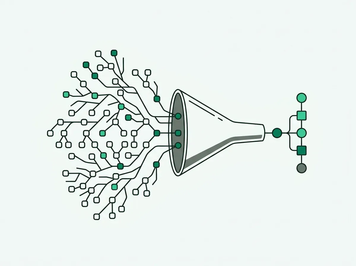 Minimal vector illustration of complex raw web trees being filtered into a compact structured stream.