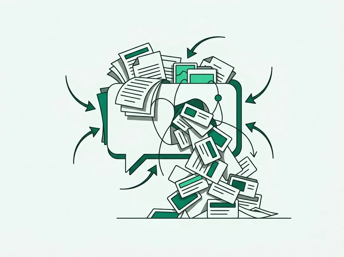 Minimal line drawing showing overlapping documents overloading a central chat container.
