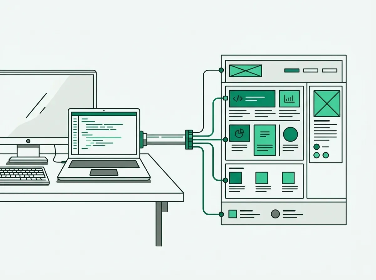 Line art illustration of a direct pipeline linking a laptop to structured web page data blocks.