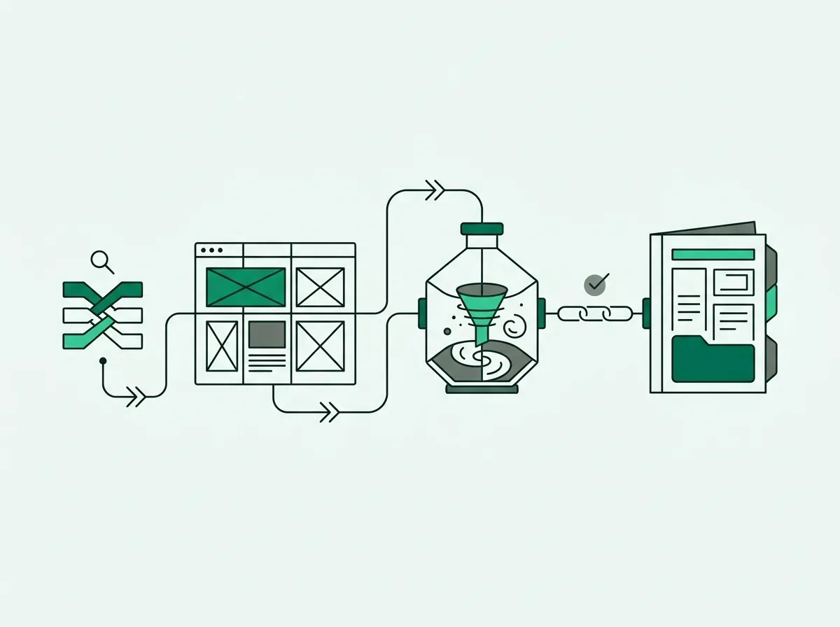 Minimal vector diagram of a sequential 5-stage data extraction and structured report workflow.