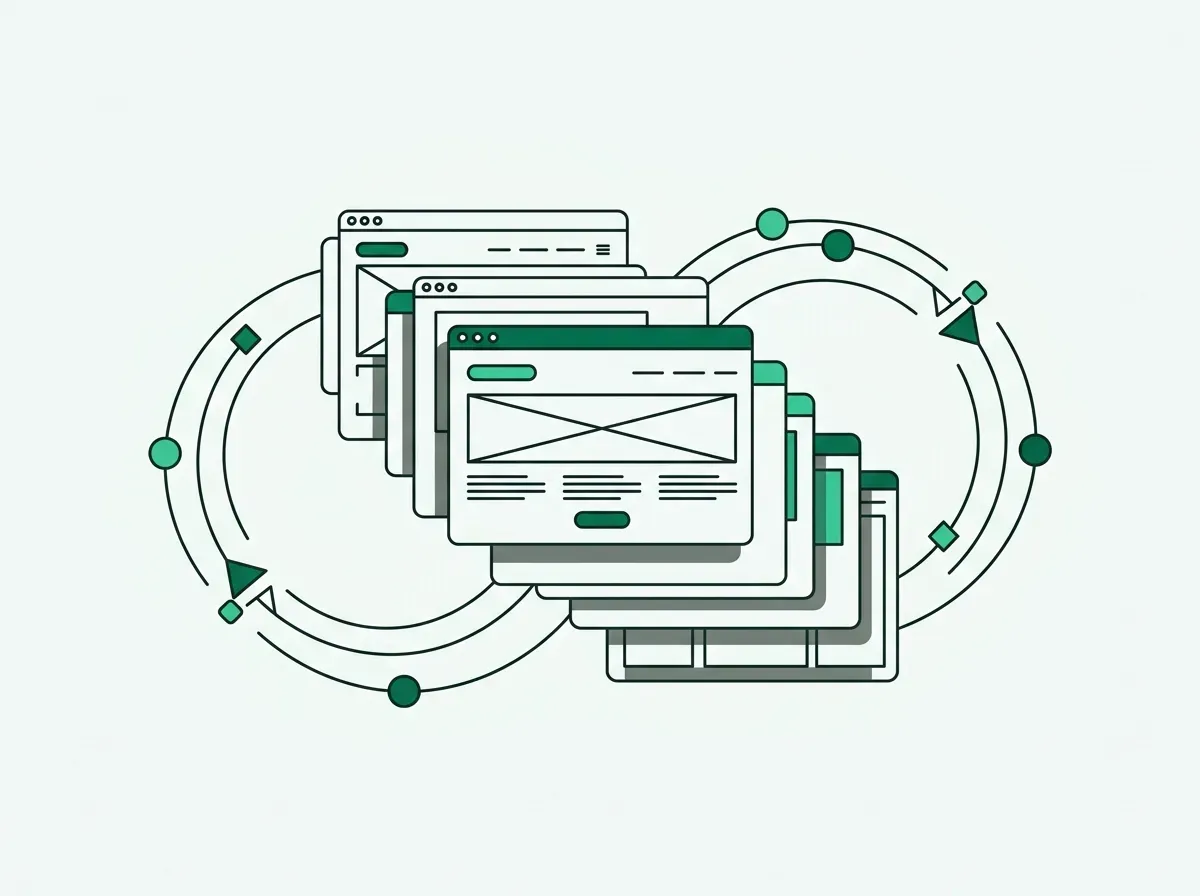 Minimal line art of looping browser wireframes and data streams passing through an iterative funnel.