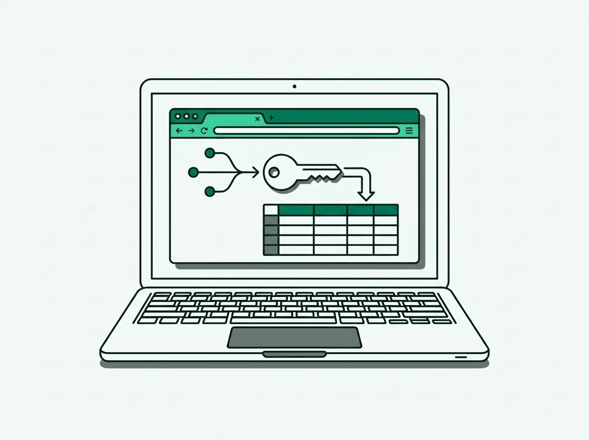 Minimal line art of a laptop browser securely channeling data directly into a local spreadsheet grid.