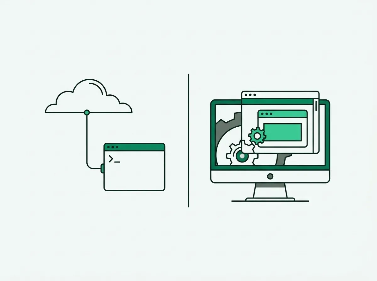 Minimal line illustration comparing a remote cloud server setup with a local desktop browser runtime.