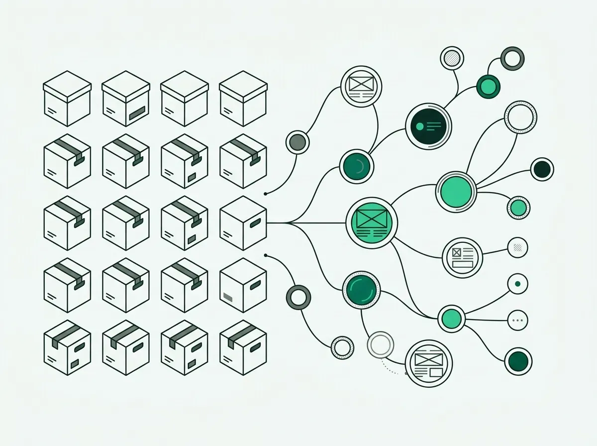 Line art contrast of rigid database blocks and an expanding hierarchical semantic tree structure.